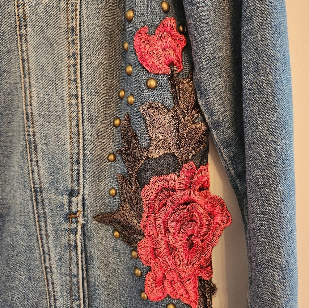Boom Boom Jeans Blue Denim Jacket with Red Floral Embroidery - Picture 2 of 6